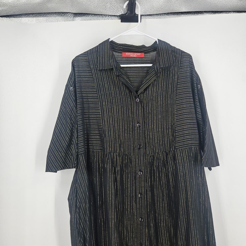 Marina Rinaldi Sport Shirt Dress Black Gold Metallic Striped Button Up Size 14 - Picture 4 of 11